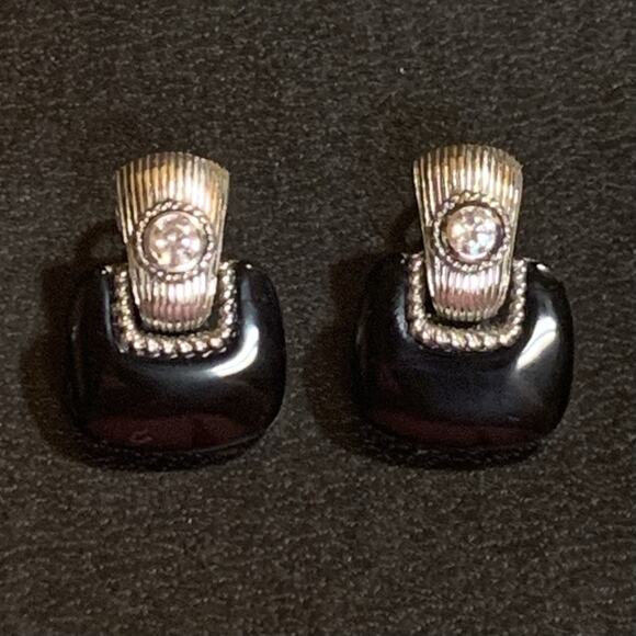 Judith Ripka Earrings Sterling Silver, CZ & Black Onyx Door Knockers Omega Backs - Picture 7 of 11